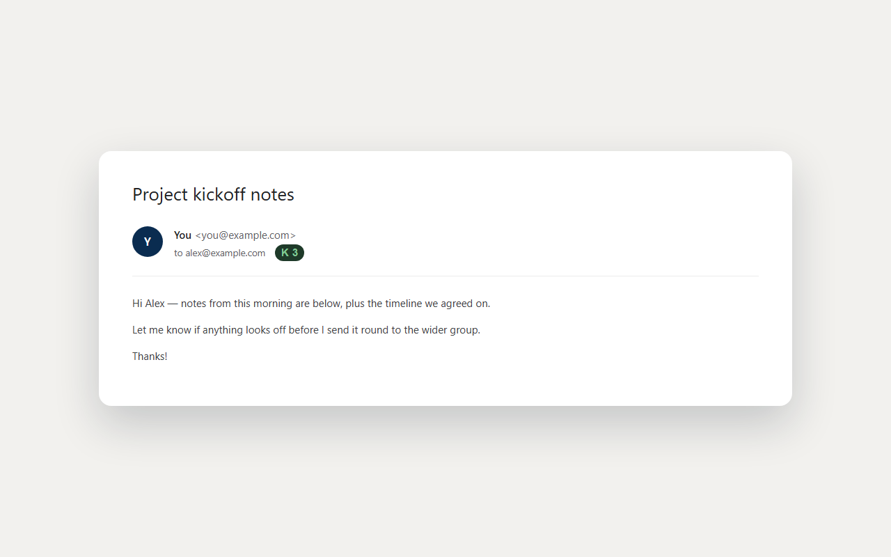 A sent message in Gmail showing the Kilroy opened badge